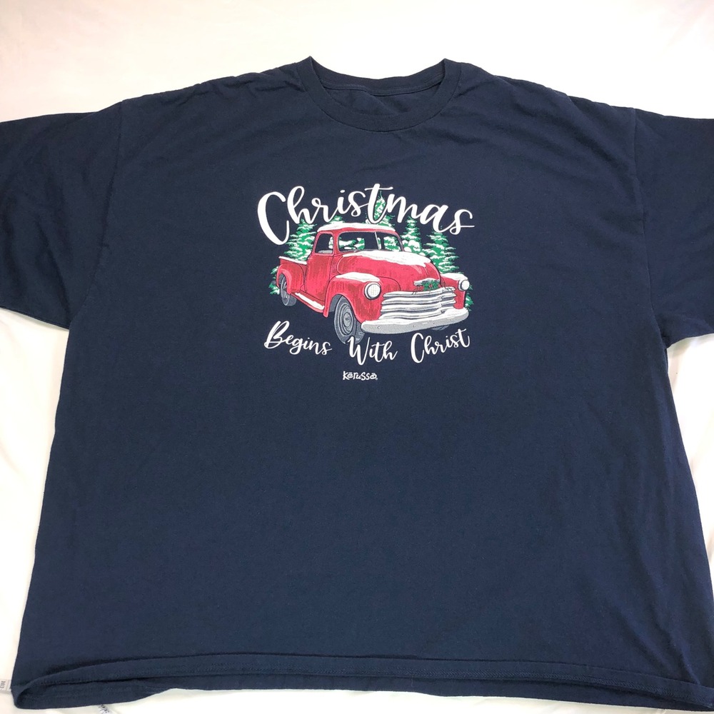 Kerusso Christmas Begins With Christ Red Truck Navy Blue Graphic T-Shirt XL
